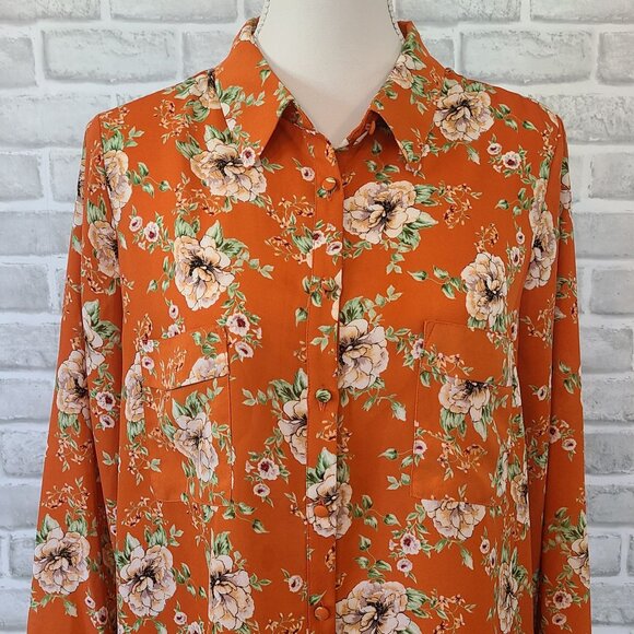 Pleione Floral Chiffon Button Up Blouse Top Feminine Relaxed Orange White XL - Picture 2 of 8